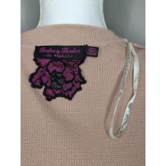 Cottagecore Twelve by Twelve woven bow pastel pink button up cardigan M - Picture 8 of 9